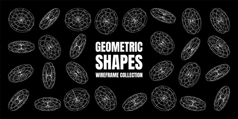 Wireframe lined shapes. Perspective mesh, 3d grid. Low poly geometric elements Stock Illustration