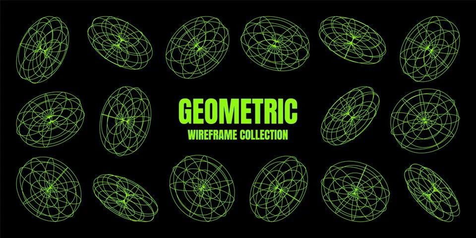 Wireframe lined shapes. Perspective mesh, 3d grid. Low poly geometric elements Stock Illustration