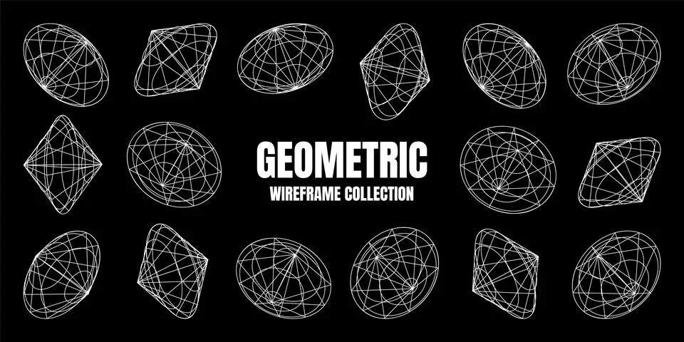 Wireframe lined shapes. Perspective mesh, 3d grid. Low poly geometric elements Stock Illustration