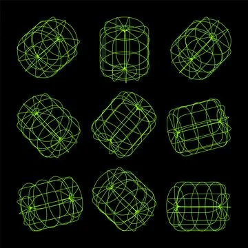 Wireframe lined shapes. Perspective mesh, 3d grid. Low poly geometric elements 스톡 일러스트