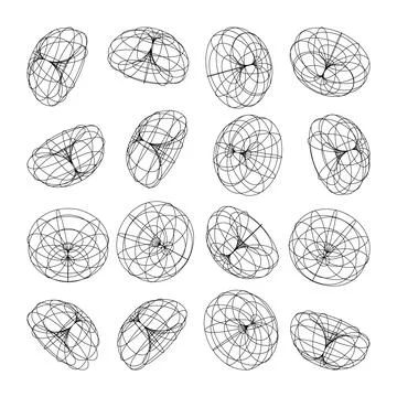 Wireframe lined shapes. Perspective mesh, 3d grid. Low poly geometric elements 스톡 일러스트