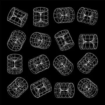 Wireframe lined shapes. Perspective mesh, 3d grid. Low poly geometric elements Stock Illustration
