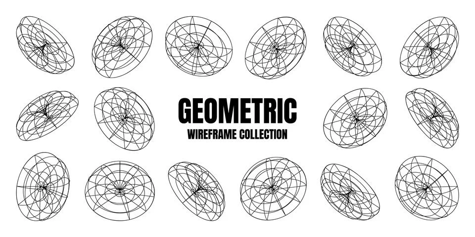 Wireframe lined shapes. Perspective mesh, 3d grid. Low poly geometric elements Stock Illustration