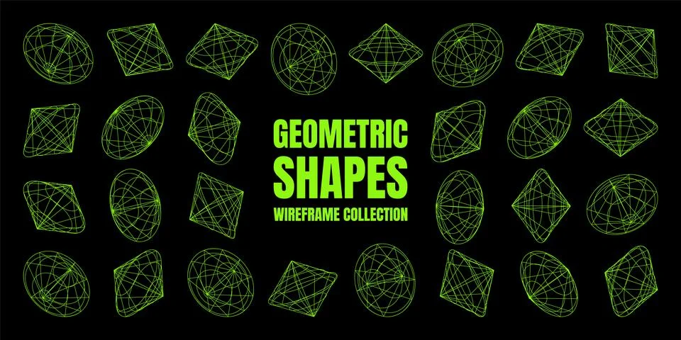Wireframe lined shapes. Perspective mesh, 3d grid. Low poly geometric elements 스톡 일러스트