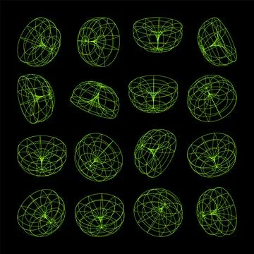 Wireframe lined shapes. Perspective mesh, 3d grid. Low poly geometric elements Stock Illustration