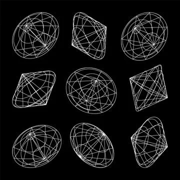Wireframe lined shapes. Perspective mesh, 3d grid. Low poly geometric elements Illustrazione stock