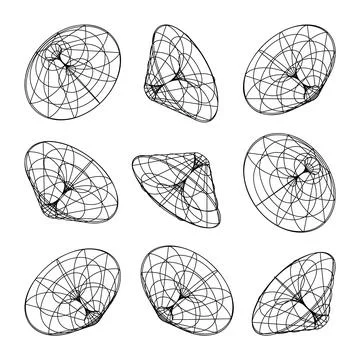 Wireframe lined shapes. Perspective mesh, 3d grid. Low poly geometric elements Illustrazione stock