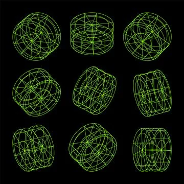 Wireframe lined shapes. Perspective mesh, 3d grid. Low poly geometric elements Stock Illustration