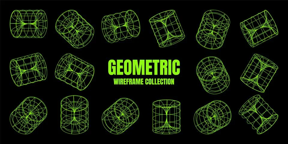 Wireframe lined shapes. Perspective mesh, 3d grid. Low poly geometric elements Stock Illustration