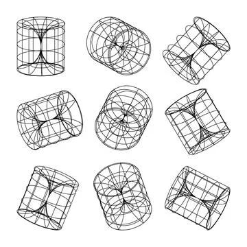 Wireframe lined shapes. Perspective mesh, 3d grid. Low poly geometric elements Illustrazione stock