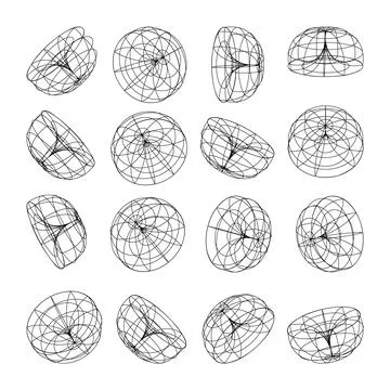 Wireframe lined shapes. Perspective mesh, 3d grid. Low poly geometric elements Stock Illustration