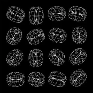 Wireframe lined shapes. Perspective mesh, 3d grid. Low poly geometric elements Stock Illustration