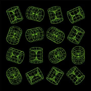 Wireframe lined shapes. Perspective mesh, 3d grid. Low poly geometric elements 스톡 일러스트