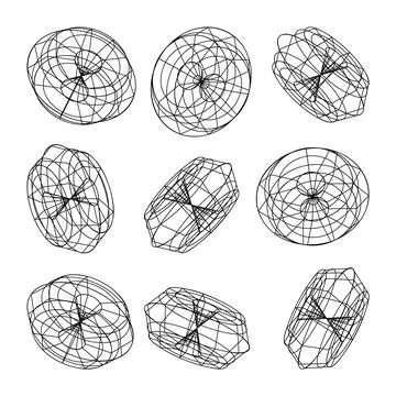 Wireframe lined shapes. Perspective mesh, 3d grid. Low poly geometric elements Stock Illustration