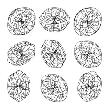 Wireframe lined shapes. Perspective mesh, 3d grid. Low poly geometric elements Stock Illustration