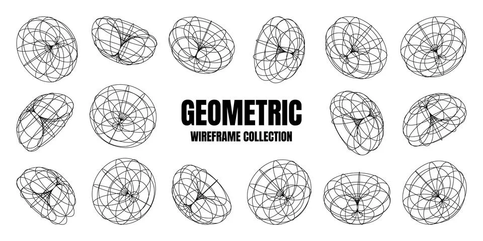 Wireframe lined shapes. Perspective mesh, 3d grid. Low poly geometric elements Stock Illustration