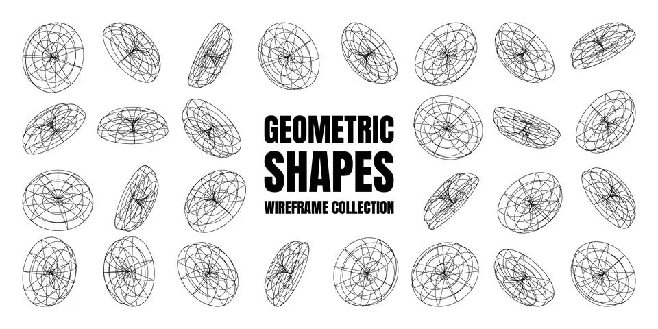 Wireframe lined shapes. Perspective mesh, 3d grid. Low poly geometric elements Stock Illustration