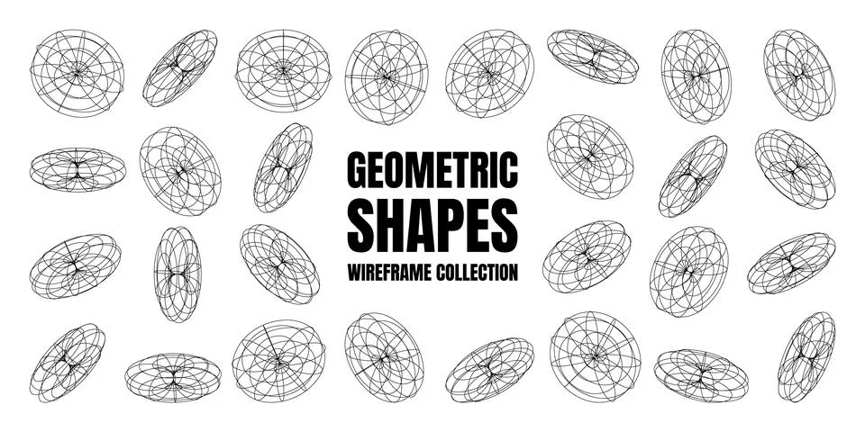 Wireframe lined shapes. Perspective mesh, 3d grid. Low poly geometric elements 스톡 일러스트