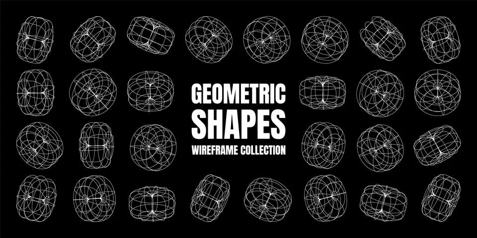 Wireframe lined shapes. Perspective mesh, 3d grid. Low poly geometric elements Stock Illustration