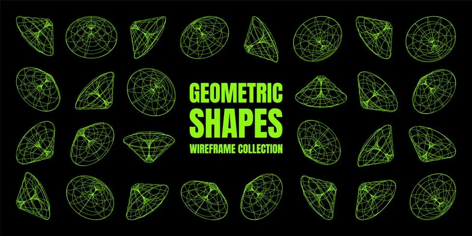 Wireframe lined shapes. Perspective mesh, 3d grid. Low poly geometric elements Stock Illustration