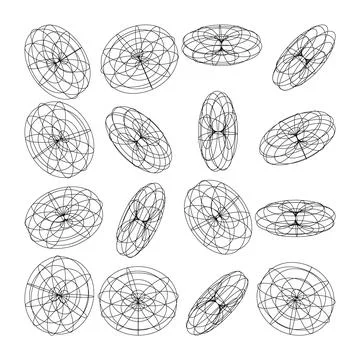Wireframe lined shapes. Perspective mesh, 3d grid. Low poly geometric elements Stock Illustration