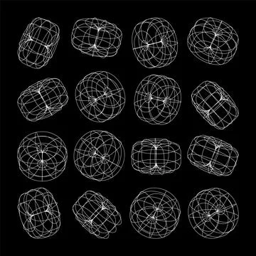 Wireframe lined shapes. Perspective mesh, 3d grid. Low poly geometric elements Stock Illustration