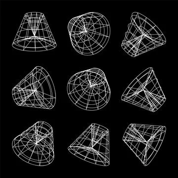 Wireframe lined shapes. Perspective mesh, 3d grid. Low poly geometric elements 스톡 일러스트