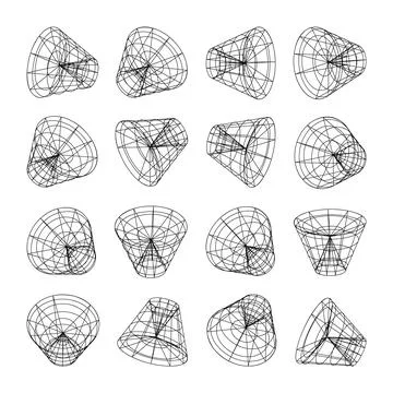 Wireframe lined shapes. Perspective mesh, 3d grid. Low poly geometric elements Illustrazione stock