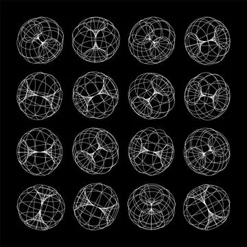 Wireframe lined shapes. Perspective mesh, 3d grid. Low poly geometric elements Illustrazione stock