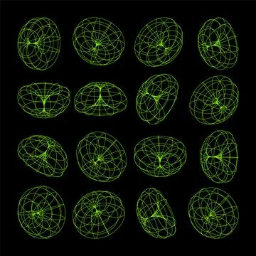Wireframe lined shapes. Perspective mesh, 3d grid. Low poly geometric elements Stock Illustration