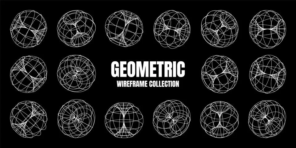 Wireframe lined shapes. Perspective mesh, 3d grid. Low poly geometric elements Stock Illustration