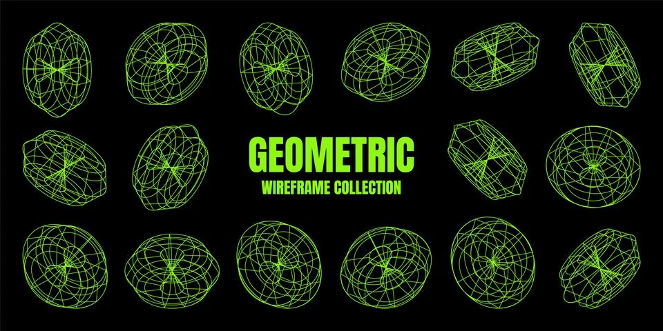 Wireframe lined shapes. Perspective mesh, 3d grid. Low poly geometric elements Illustrazione stock