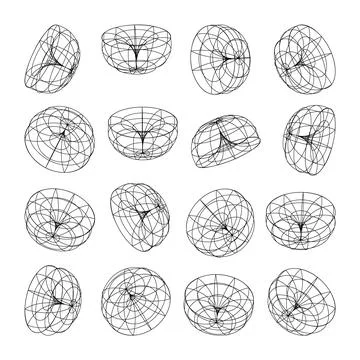 Wireframe lined shapes. Perspective mesh, 3d grid. Low poly geometric elements Illustrazione stock
