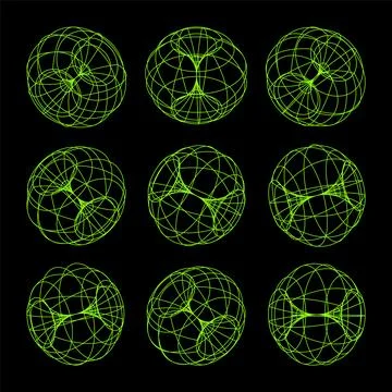 Wireframe lined shapes. Perspective mesh, 3d grid. Low poly geometric elements Stock Illustration