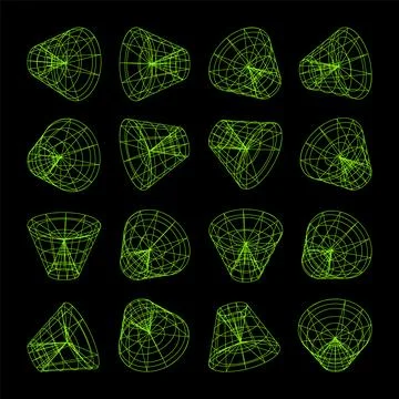 Wireframe lined shapes. Perspective mesh, 3d grid. Low poly geometric elements Stock Illustration