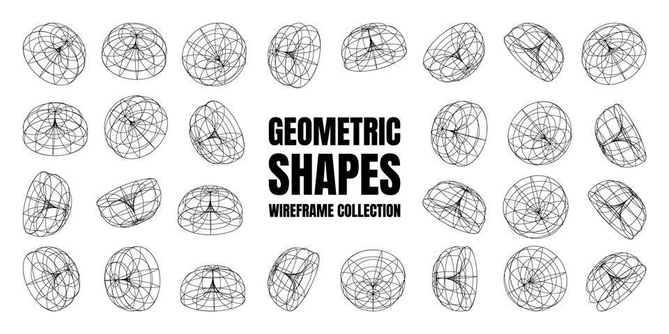 Wireframe lined shapes. Perspective mesh, 3d grid. Low poly geometric elements Stock Illustration