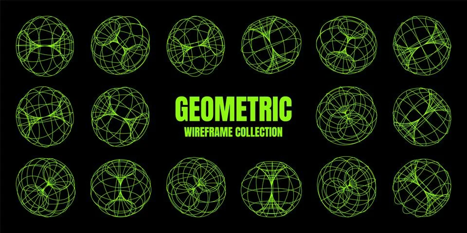 Wireframe lined shapes. Perspective mesh, 3d grid. Low poly geometric elements Stock Illustration