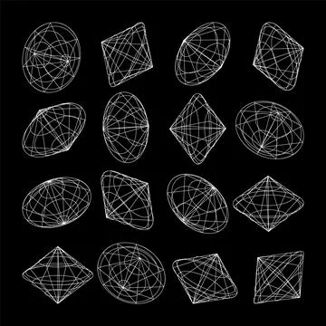 Wireframe lined shapes. Perspective mesh, 3d grid. Low poly geometric elements Stock Illustration