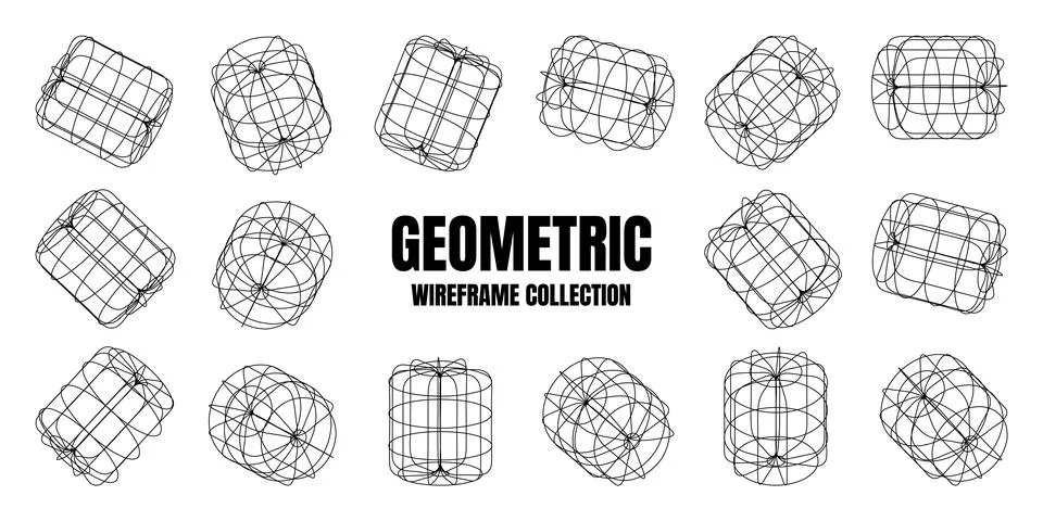 Wireframe lined shapes. Perspective mesh, 3d grid. Low poly geometric elements Stock Illustration