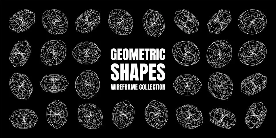 Wireframe lined shapes. Perspective mesh, 3d grid. Low poly geometric elements Stock Illustration