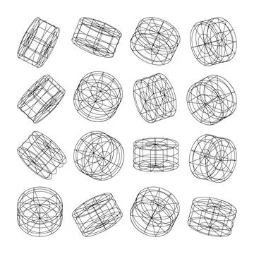 Wireframe lined shapes. Perspective mesh, 3d grid. Low poly geometric elements Illustrazione stock