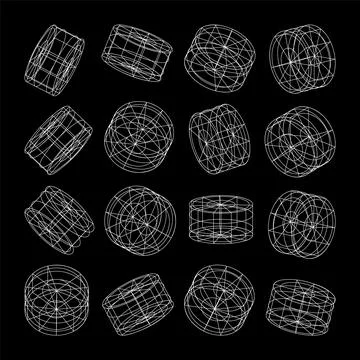 Wireframe lined shapes. Perspective mesh, 3d grid. Low poly geometric elements Stock Illustration