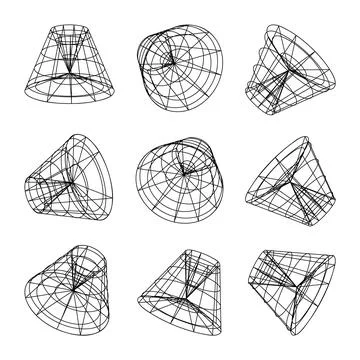 Wireframe lined shapes. Perspective mesh, 3d grid. Low poly geometric elements Stock Illustration