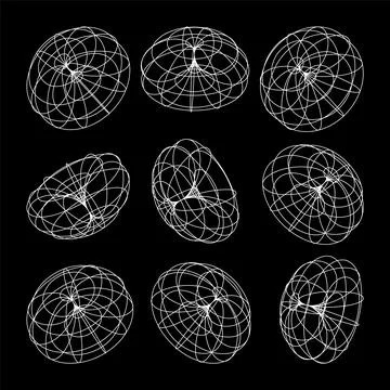 Wireframe lined shapes. Perspective mesh, 3d grid. Low poly geometric elements 스톡 일러스트