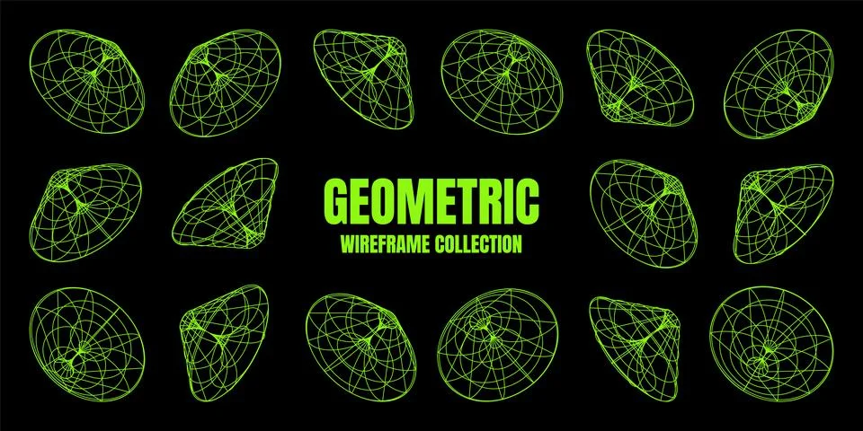 Wireframe lined shapes. Perspective mesh, 3d grid. Low poly geometric elements Stock Illustration