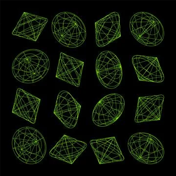 Wireframe lined shapes. Perspective mesh, 3d grid. Low poly geometric elements Stock Illustration