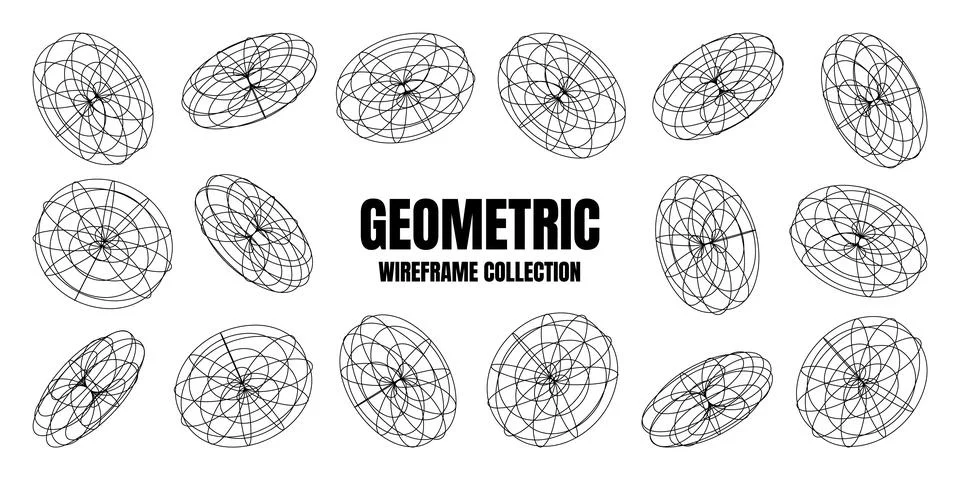 Wireframe lined shapes. Perspective mesh, 3d grid. Low poly geometric elements Stock Illustration