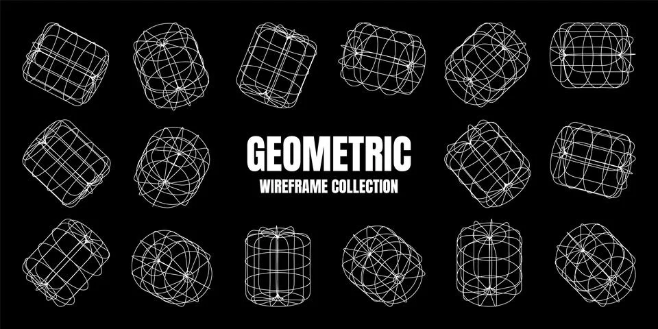 Wireframe lined shapes. Perspective mesh, 3d grid. Low poly geometric elements Illustrazione stock