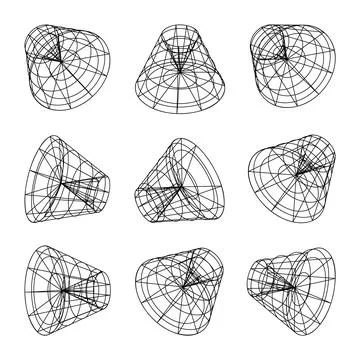 Wireframe lined shapes. Perspective mesh, 3d grid. Low poly geometric elements Stock Illustration