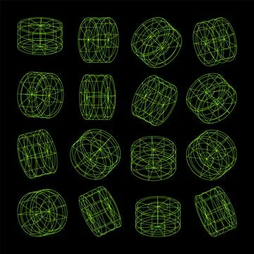 Wireframe lined shapes. Perspective mesh, 3d grid. Low poly geometric elements Illustrazione stock